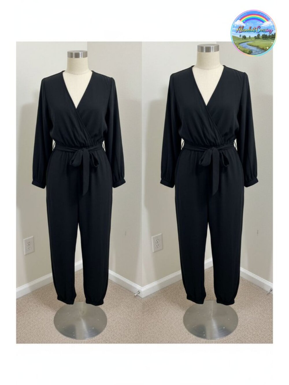 Long Sleeve V Neck Belted Jumpsuit with Pockets